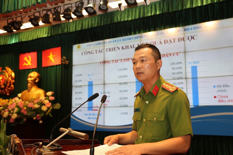 Đồng chí Đại tá Tô Anh Dũng, Phó Cục trưởng Cục Cảnh sát QLHC về TTXH báo cáo tóm tắt tình hình, kết quả các mặt công tác QLHC về TTXH.
